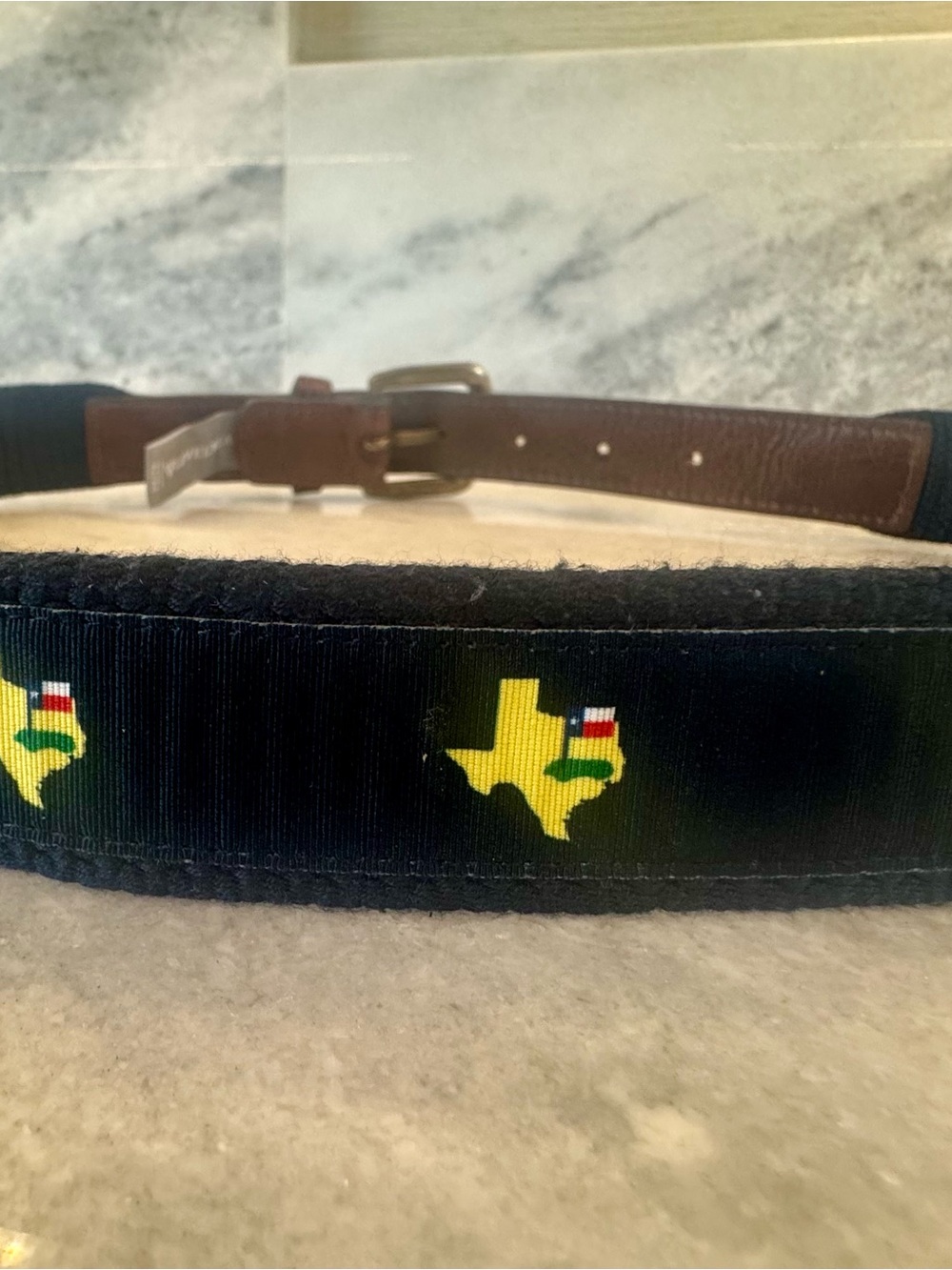 Navy Ribbon Belt with Yellow Texas Motif